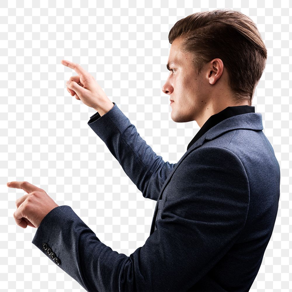 Businessman (png mockup gesturing toward transparent screen