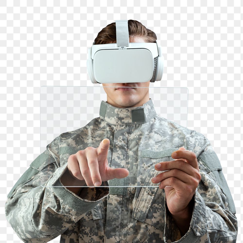 Military officer in VR headset touching transparent screen tablet png mockup