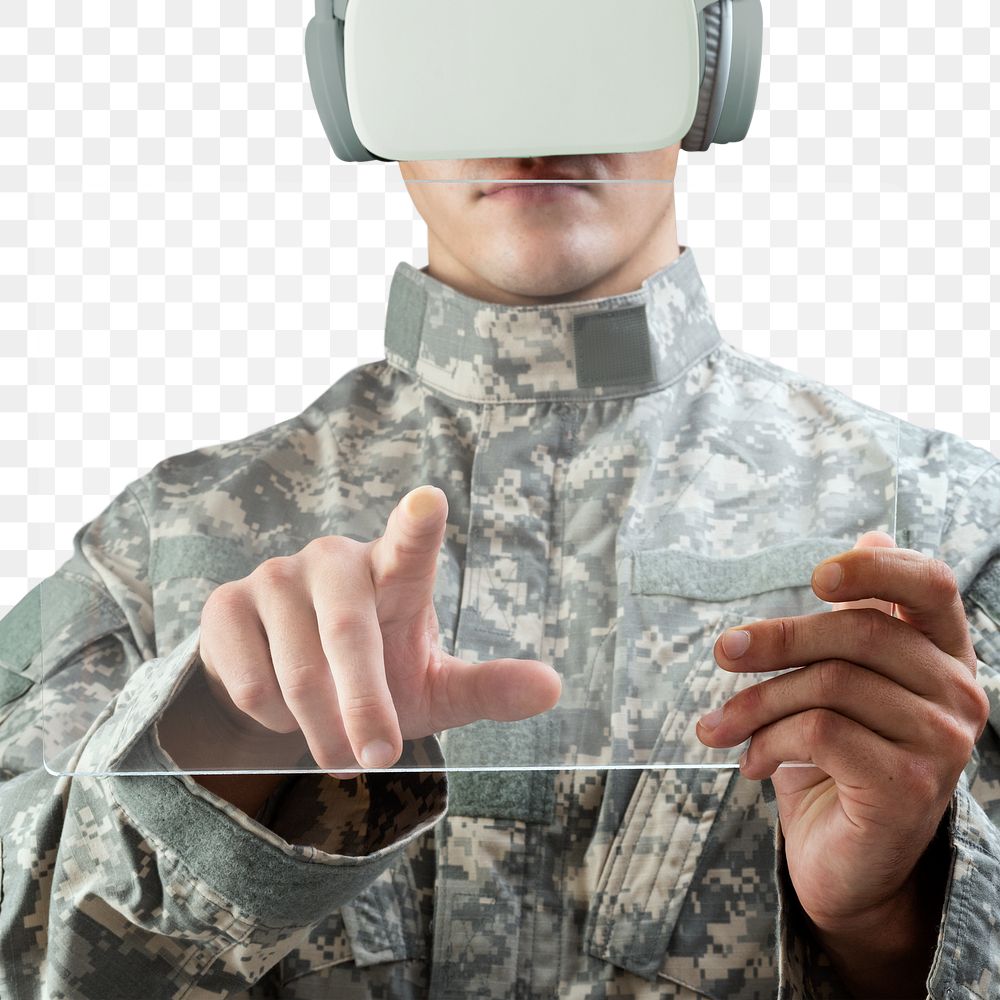 Military officer in VR headset touching transparent screen tablet png mockup