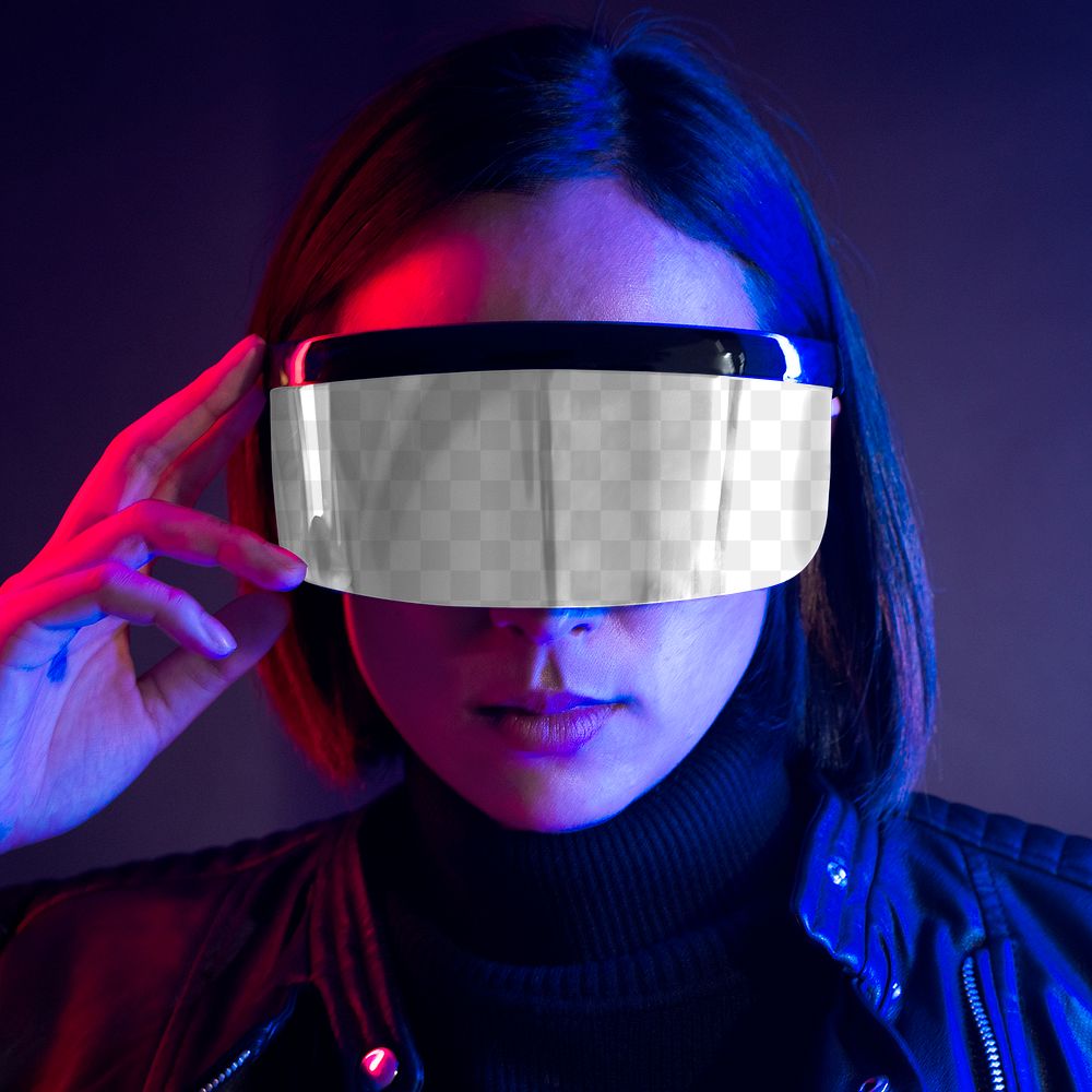 Smart glasses png, woman experiencing metaverse, futuristic technology mockup