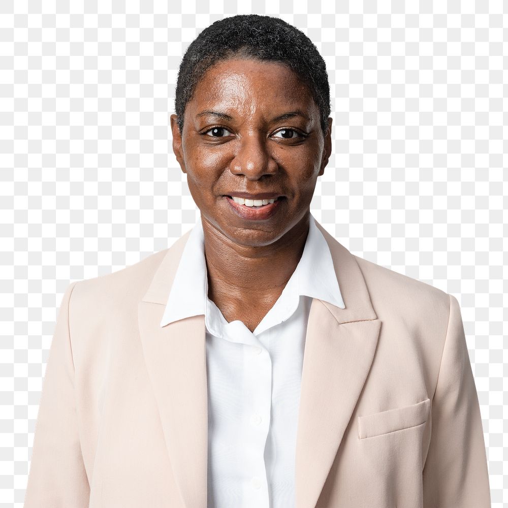 Smiling African American woman png mockup in beige shirt portrait