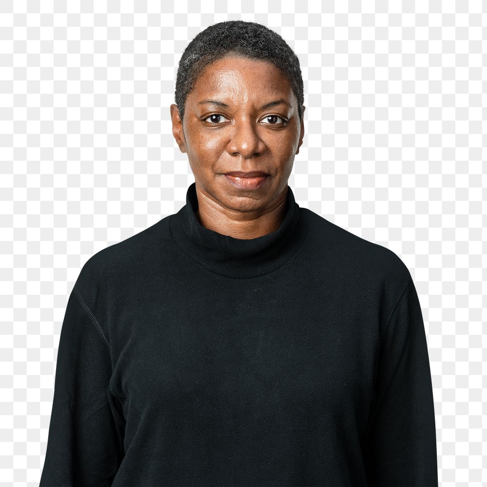 African American woman png mockup in black long sleeve tee portrait