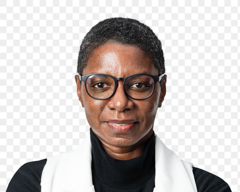 African woman png transparent, successful entrepreneur wearing glasses