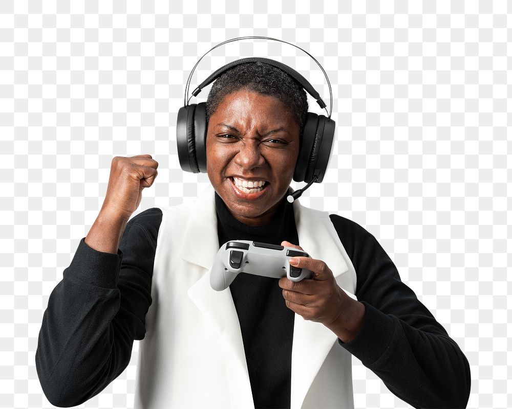 Woman wearing V headset png mockup playing video games