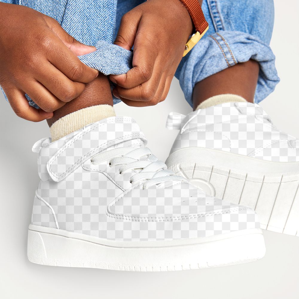 Child png sneakers mockup with jeans studio shot