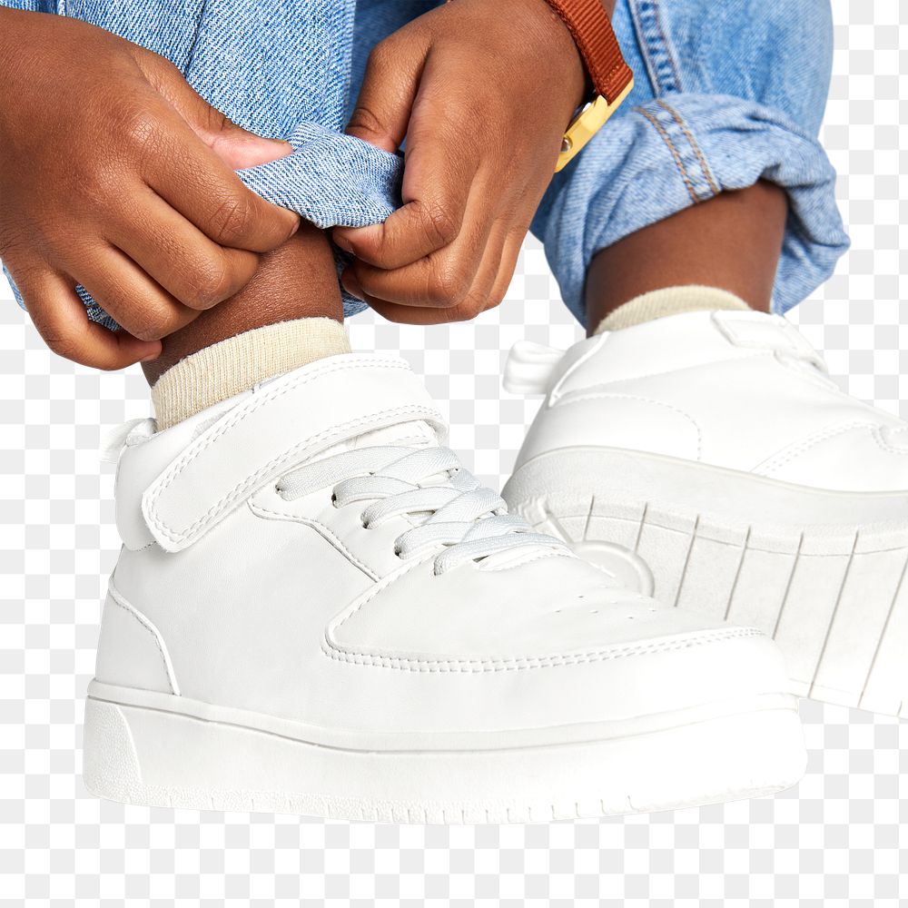 Kid wearing jeans png white sneakers mockup minimal fashion