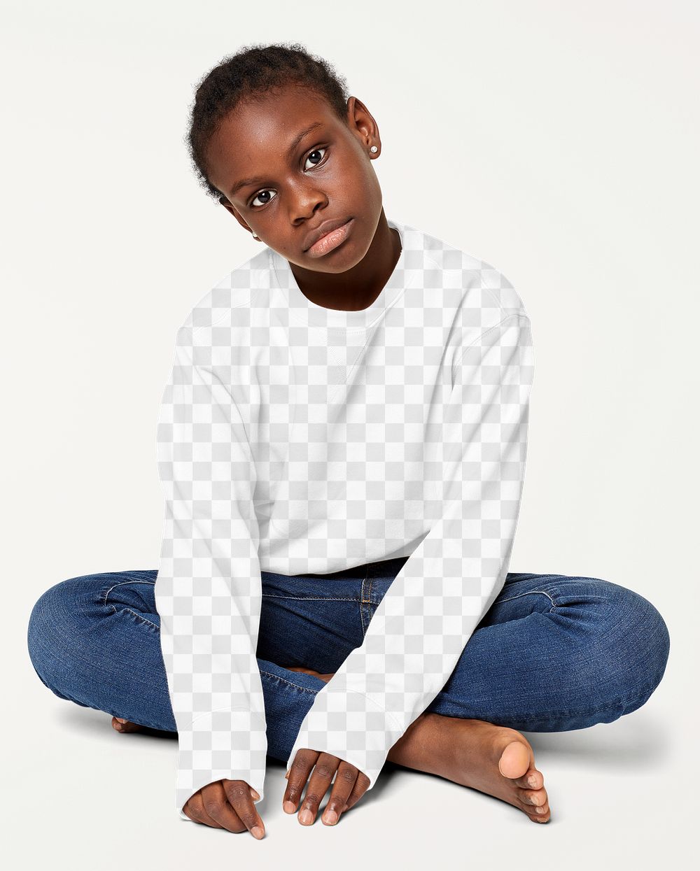 Kid's crew neck png mockup on a model