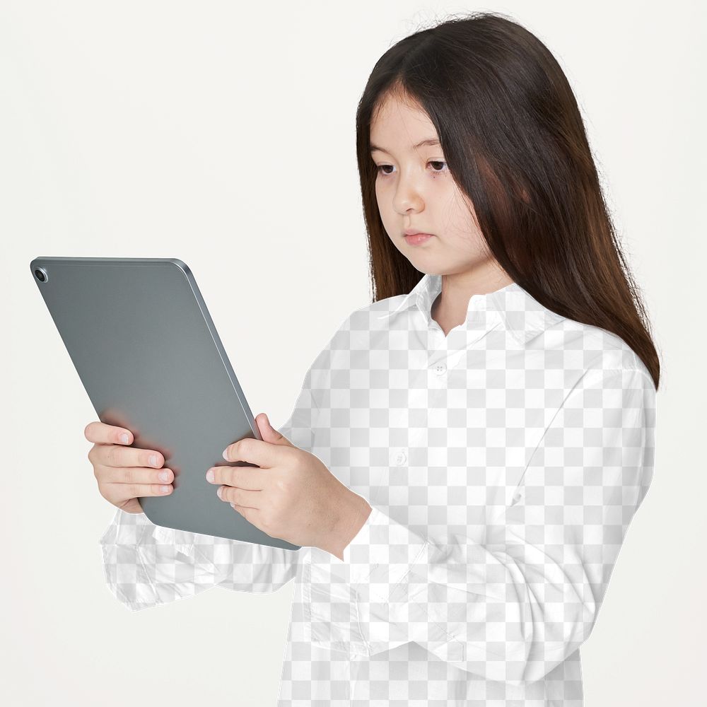 Girl using tablet png casual shirt mockup