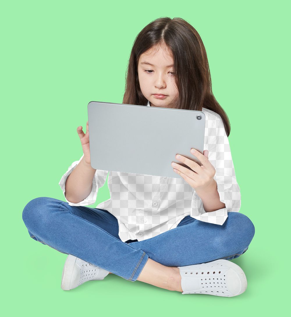 Girl using tablet png casual shirt mockup