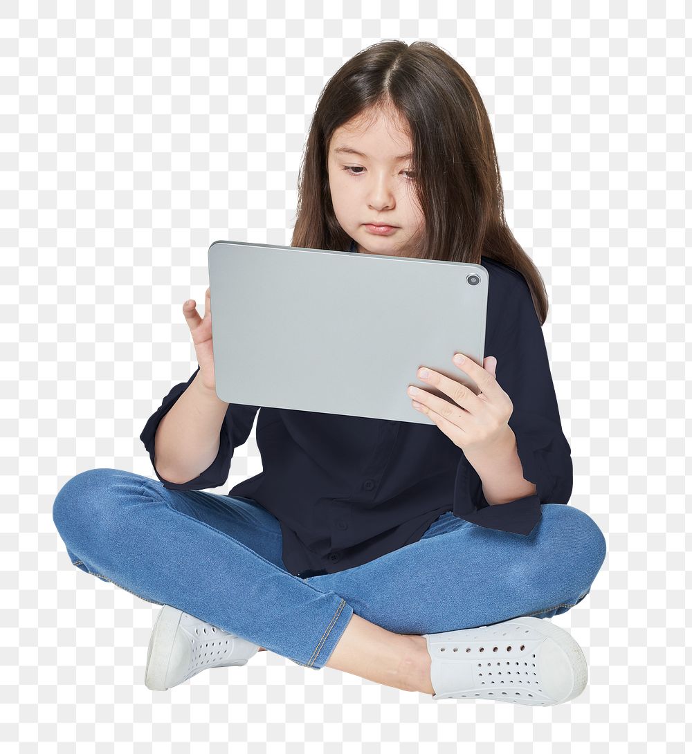 Png girl using digital tablet mockup in studio