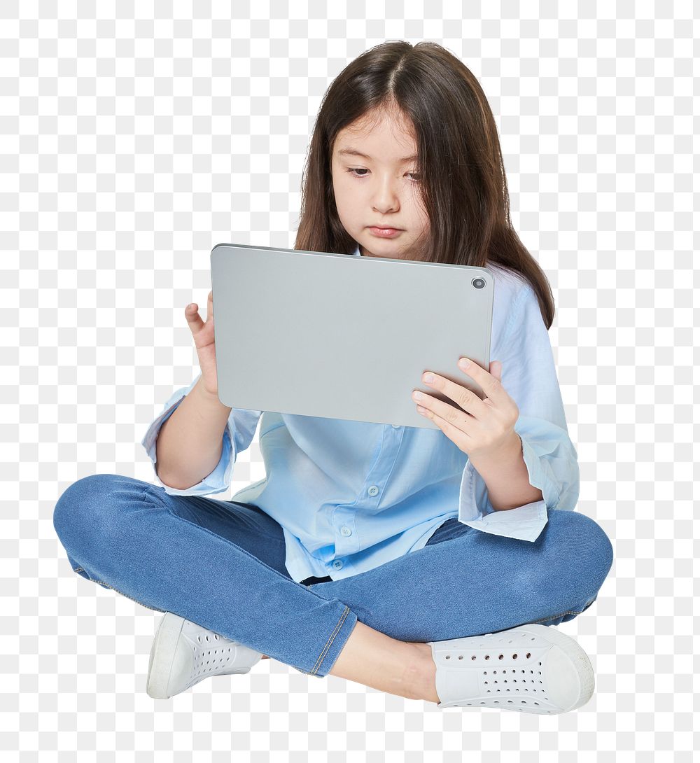 Png girl using digital tablet mockup in studio