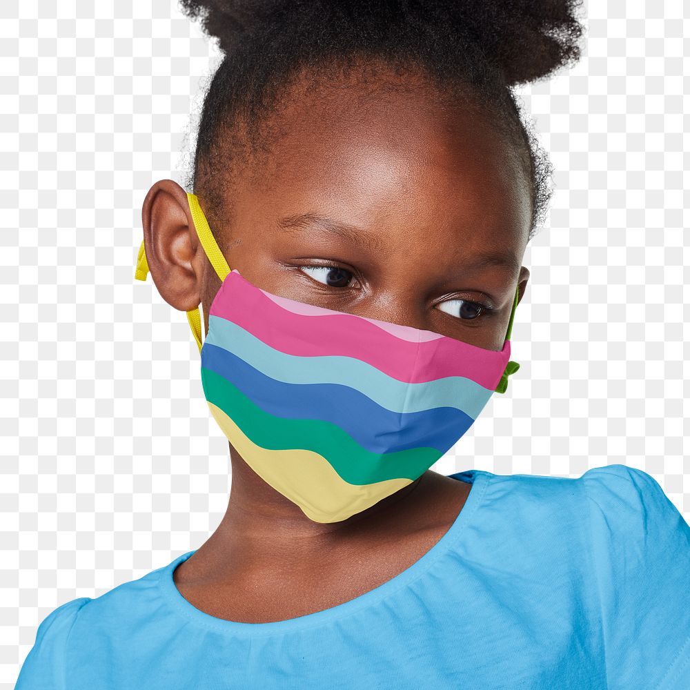 Png girl wearing rainbow face mask mockup