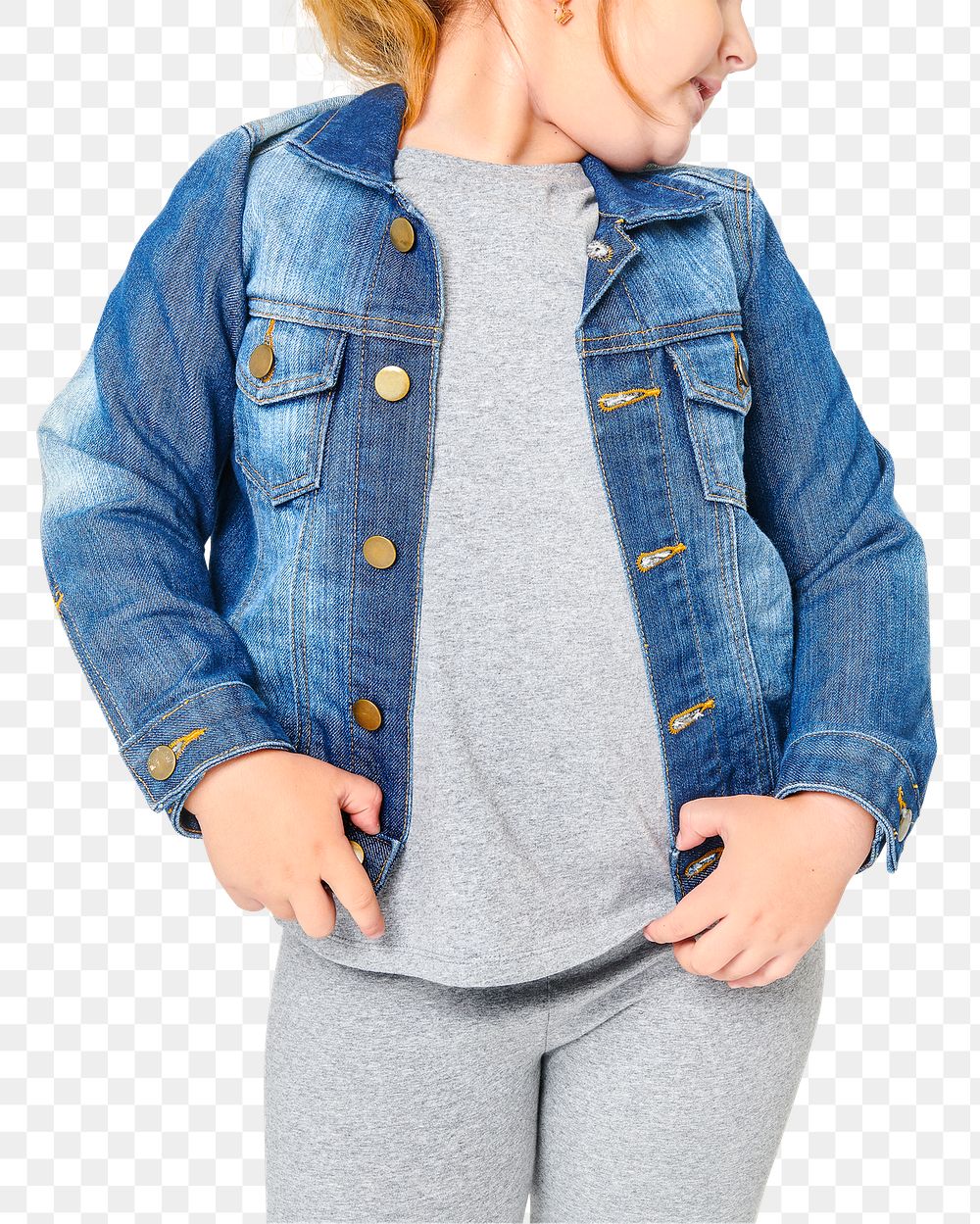 Girl wearing blue jeans jacket png mockup