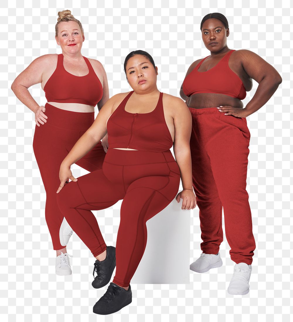 Plus size diverse models red sportswear outfit apparel mockup png