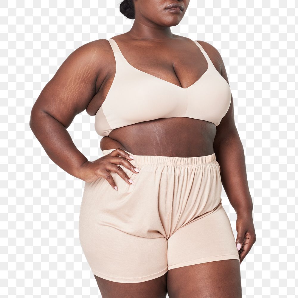 Plus size apparel png beige bra and shorts mockup studio shot