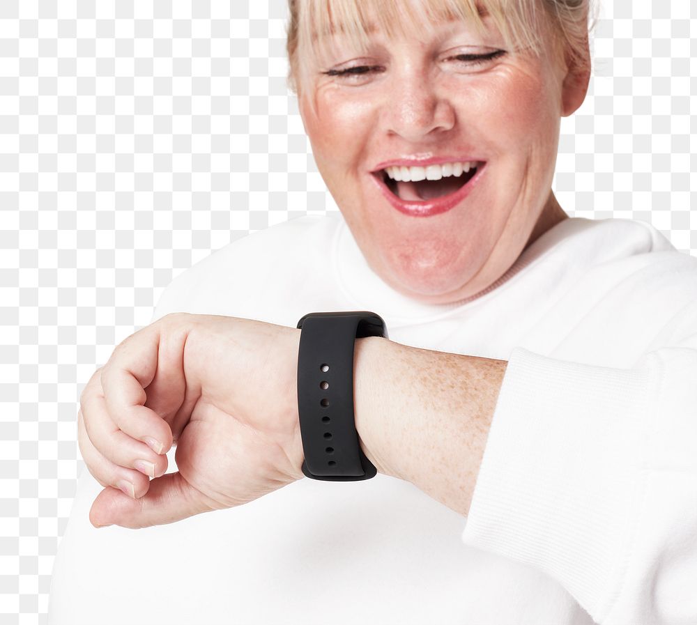 Png woman checking time on smartwatch smiling mockup