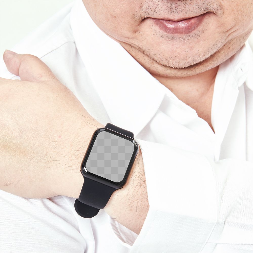 Png man showing wrist smartwatch mockup