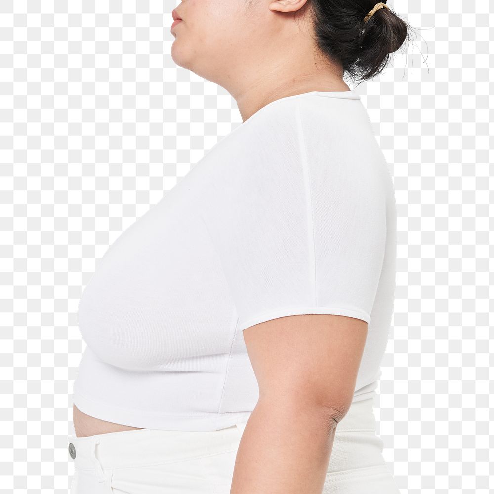 Curvy woman png white crop top facing side mockup apparel studio shoot