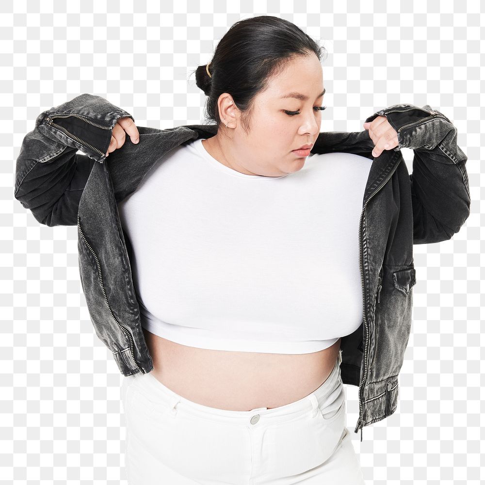 Plus size white t-shirt jacket and jeans apparel png mockup women's fashion studio shot