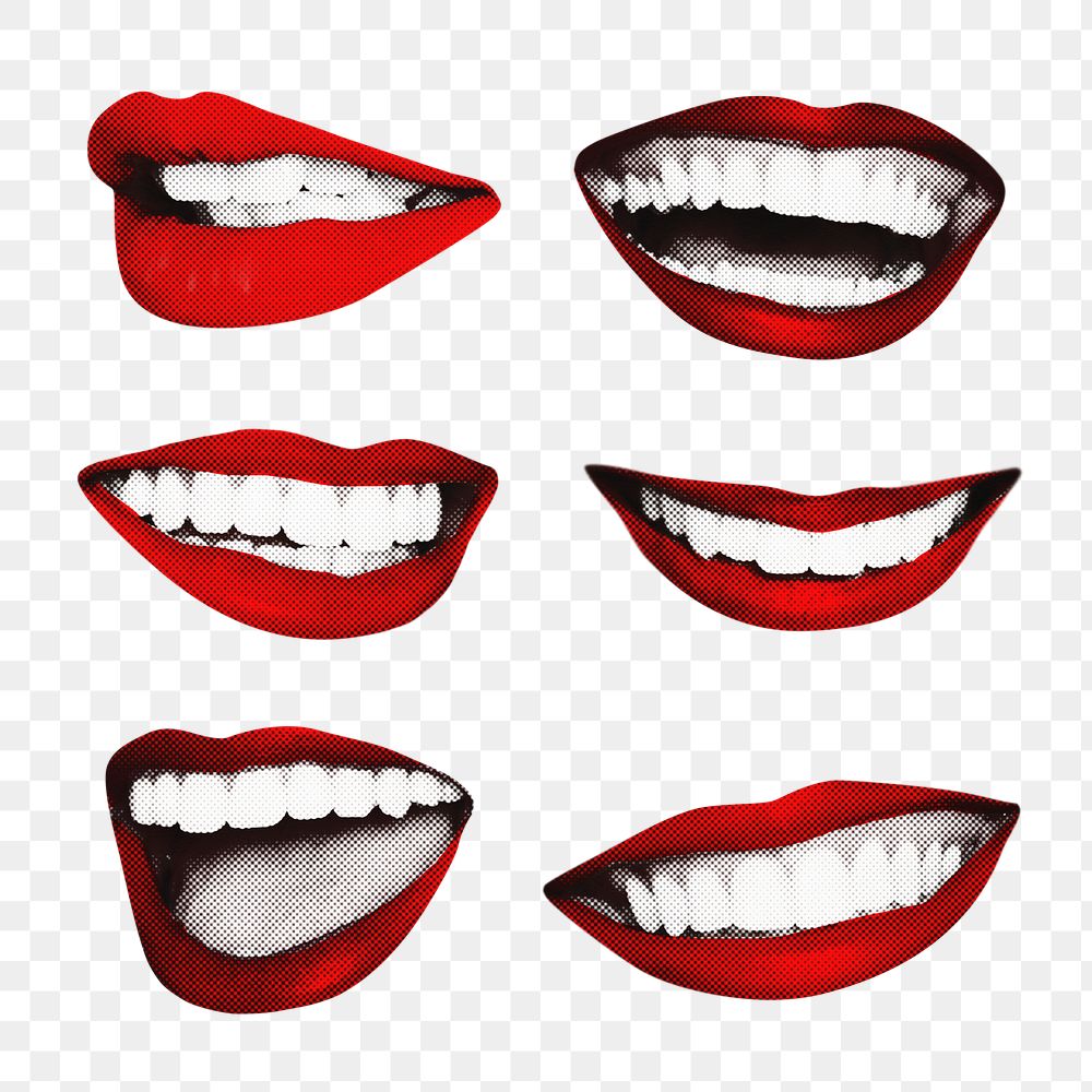 Red lips png sticker pop art set, smiling mouth, transparent background