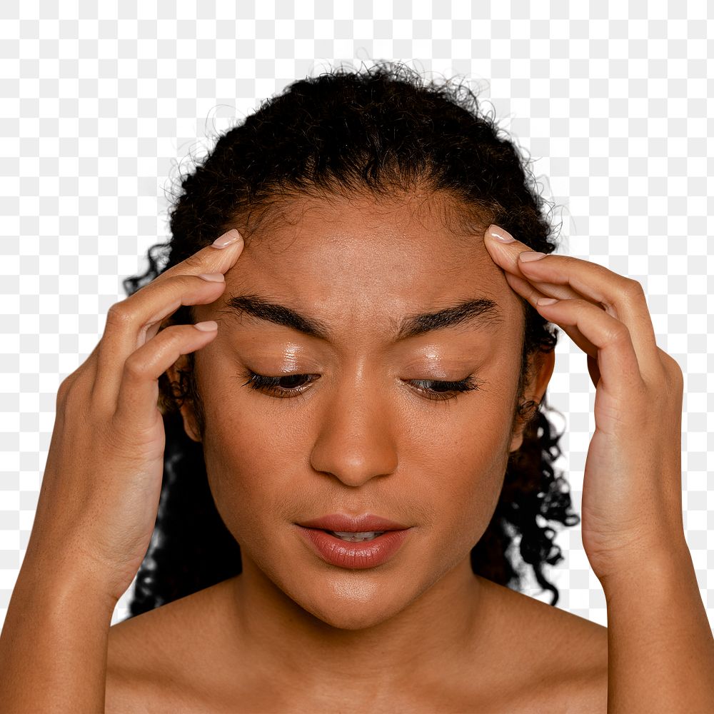 Headache png, woman having migraine, transparent background 