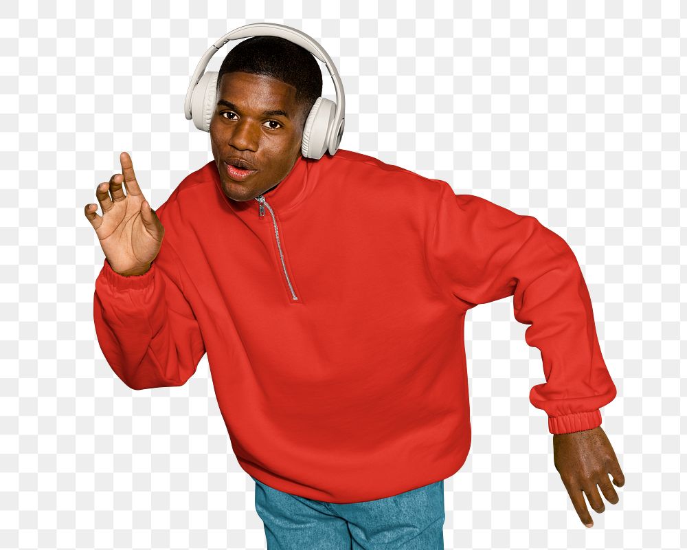 Music png, man listening in headphones, transparent background