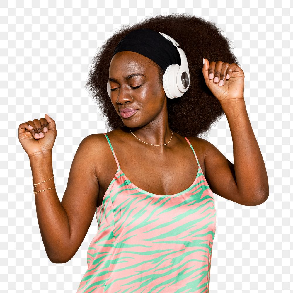 Woman dancing png with headphones, transparent background