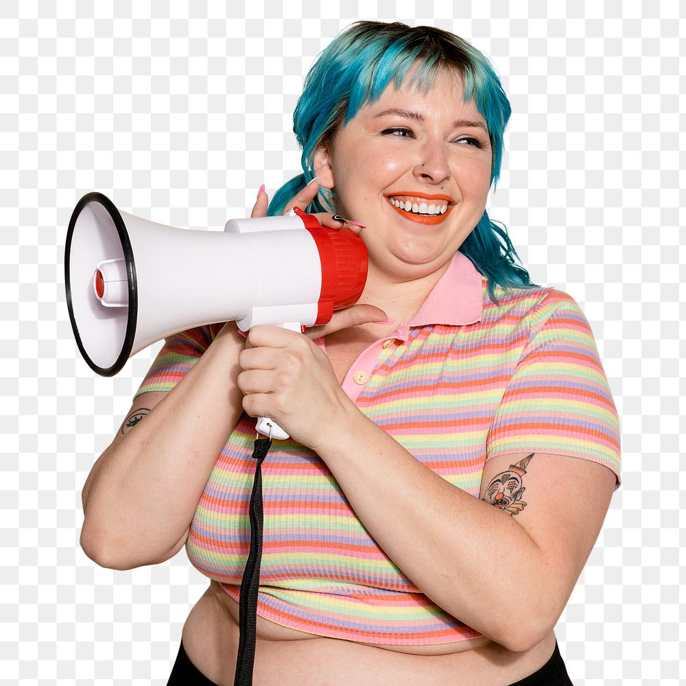 Feminist png woman with megaphone, transparent background