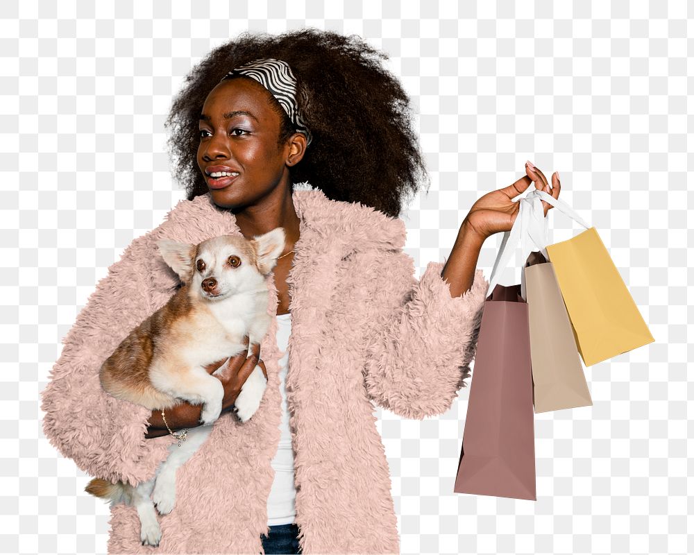 Png woman with dog and shopping bags, transparent background