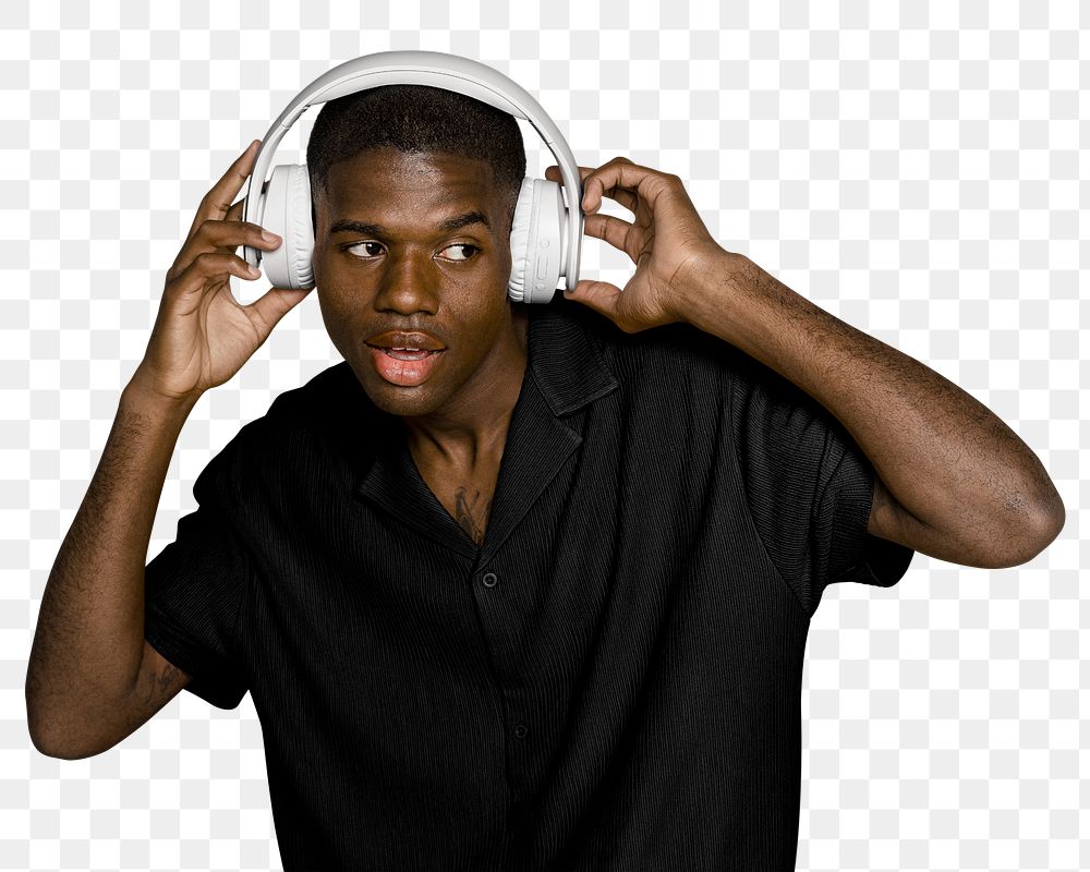 Music png, man listening in headphones, transparent background