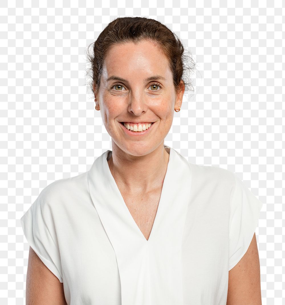 Smiling mature woman png mockup in a white shirt
