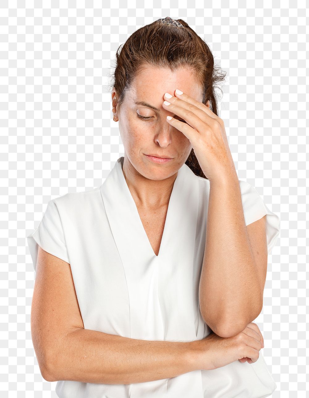 Stressed woman png mockup touching her forehead