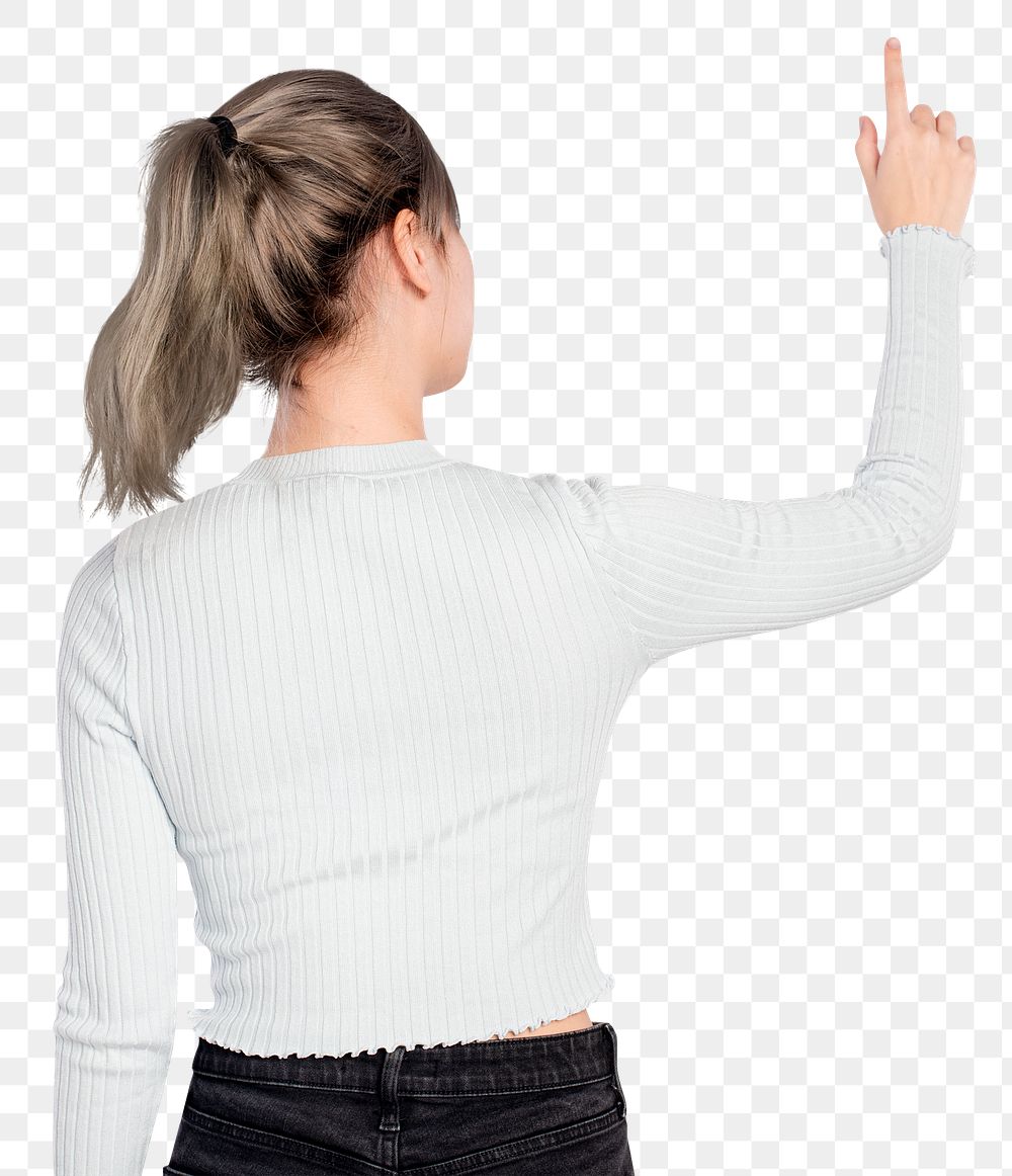 Woman gesture png mockup pressing  on an invisible screen