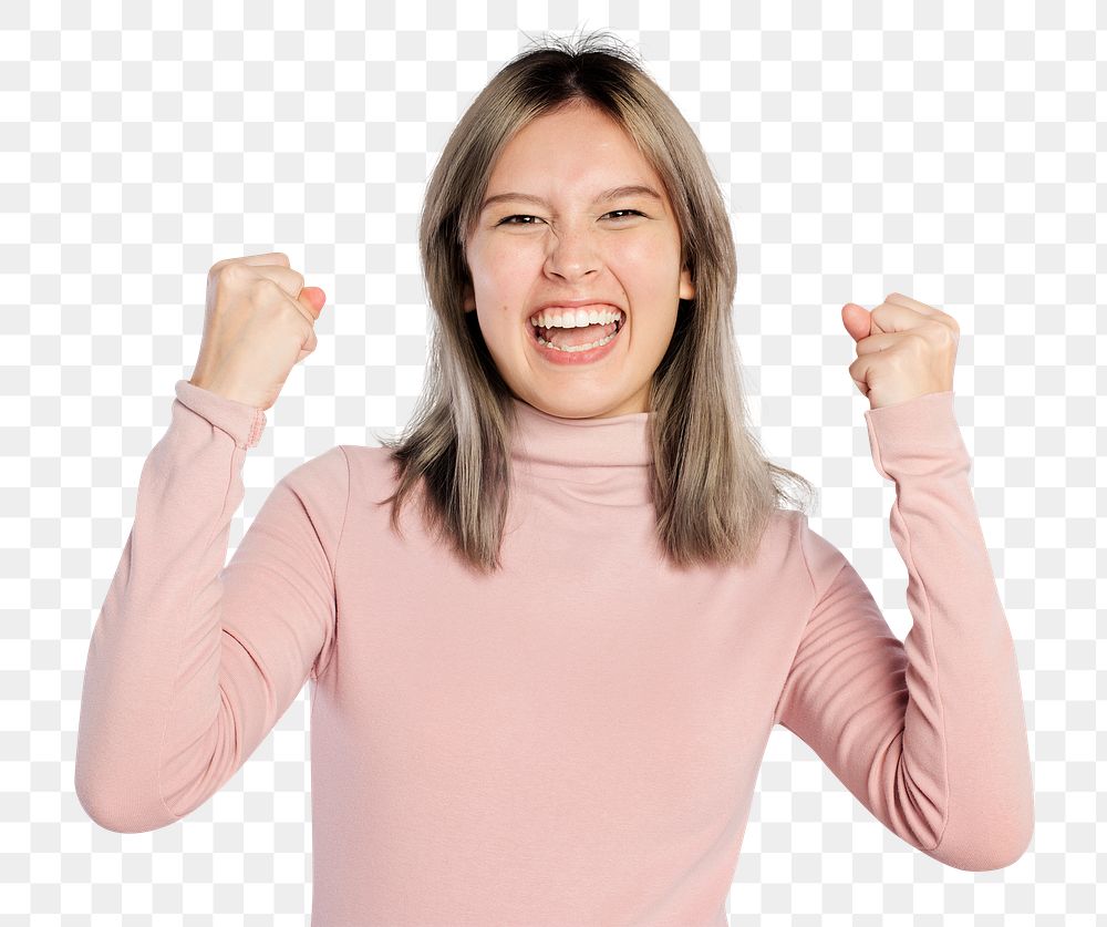 Happy woman png mockup in a pink turtleneck