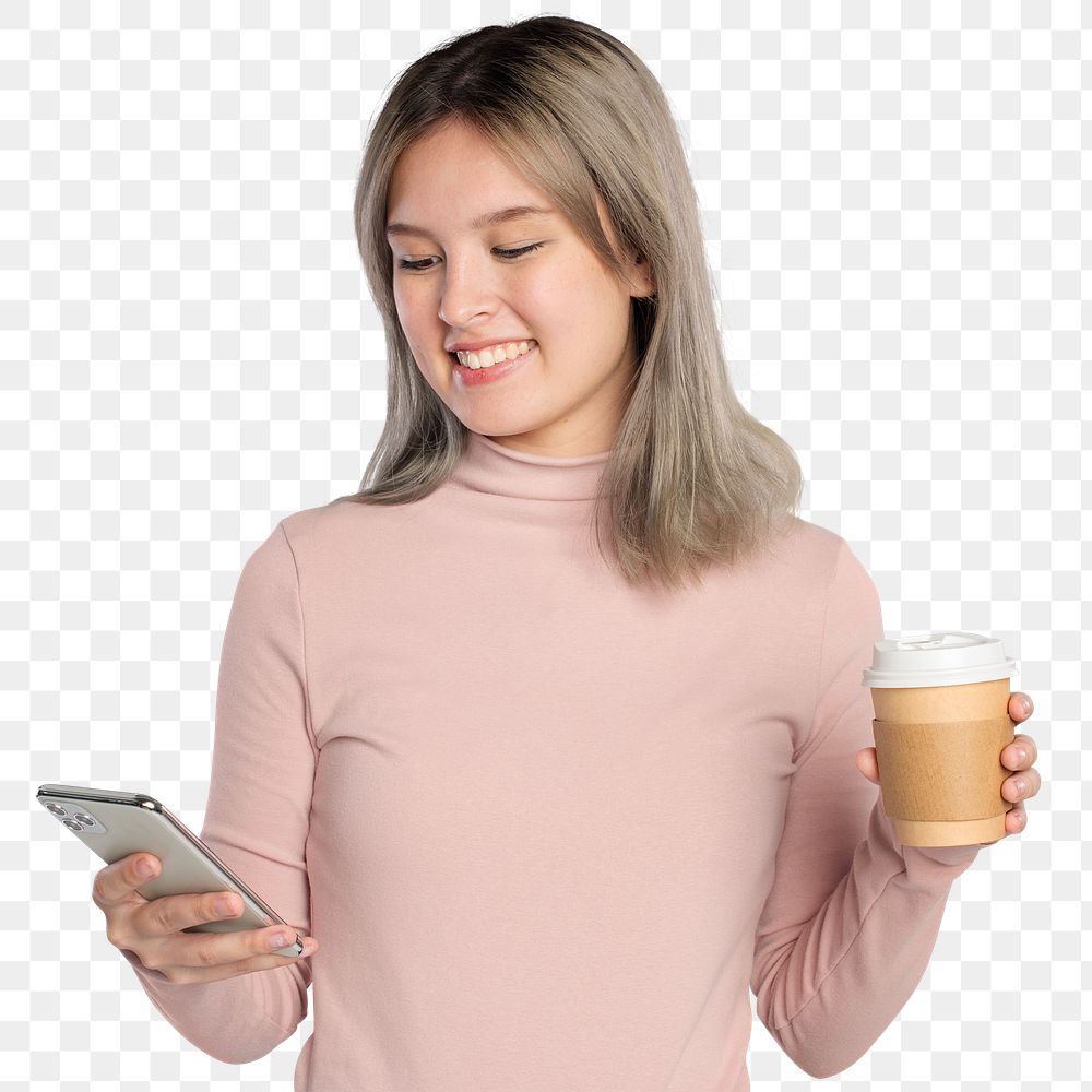 Happy woman png mockup using a dating app on her phone