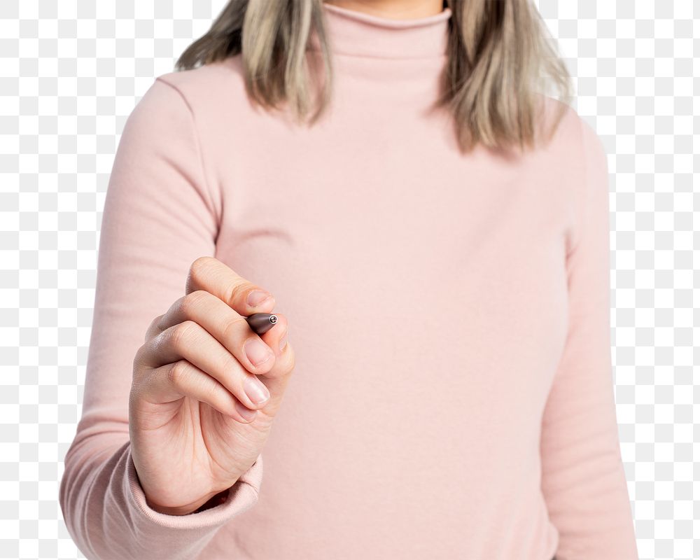 Woman gesture png mockup using a pen and writing on an invisible screen