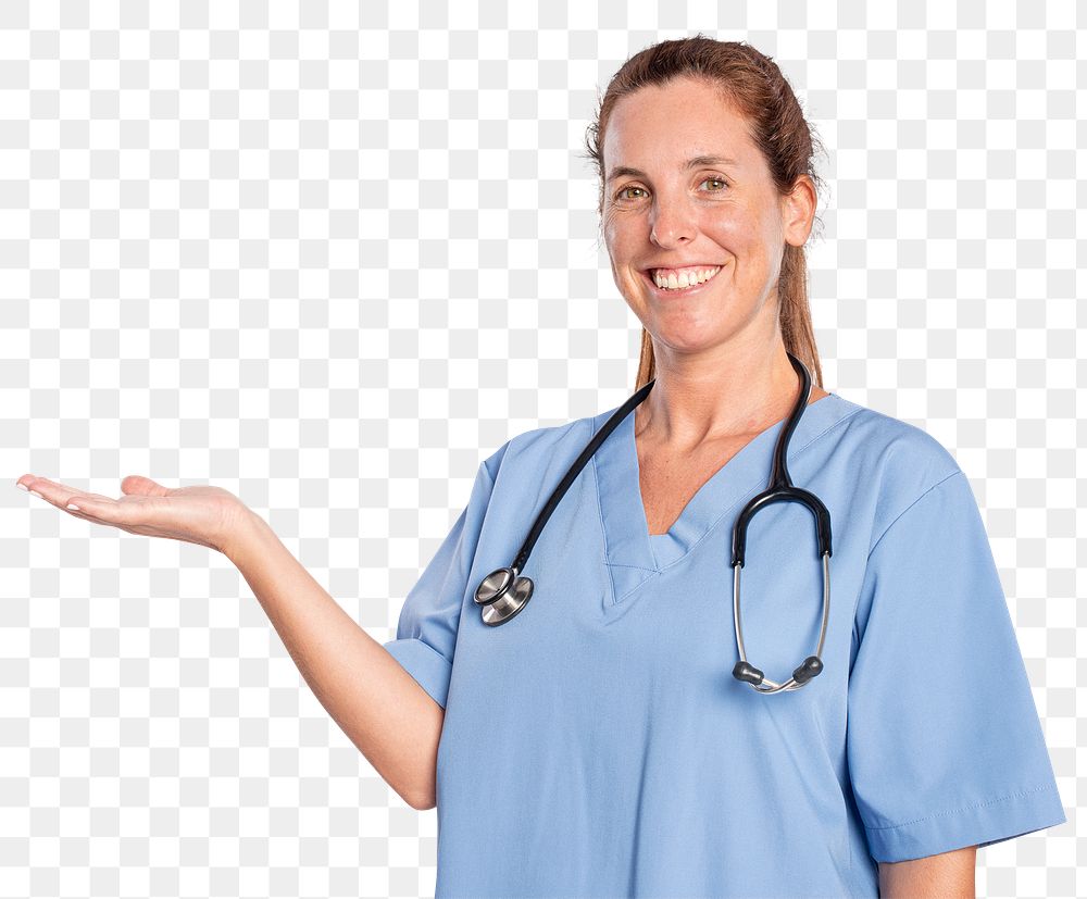 Female doctor png mockup showing a support hand gesture