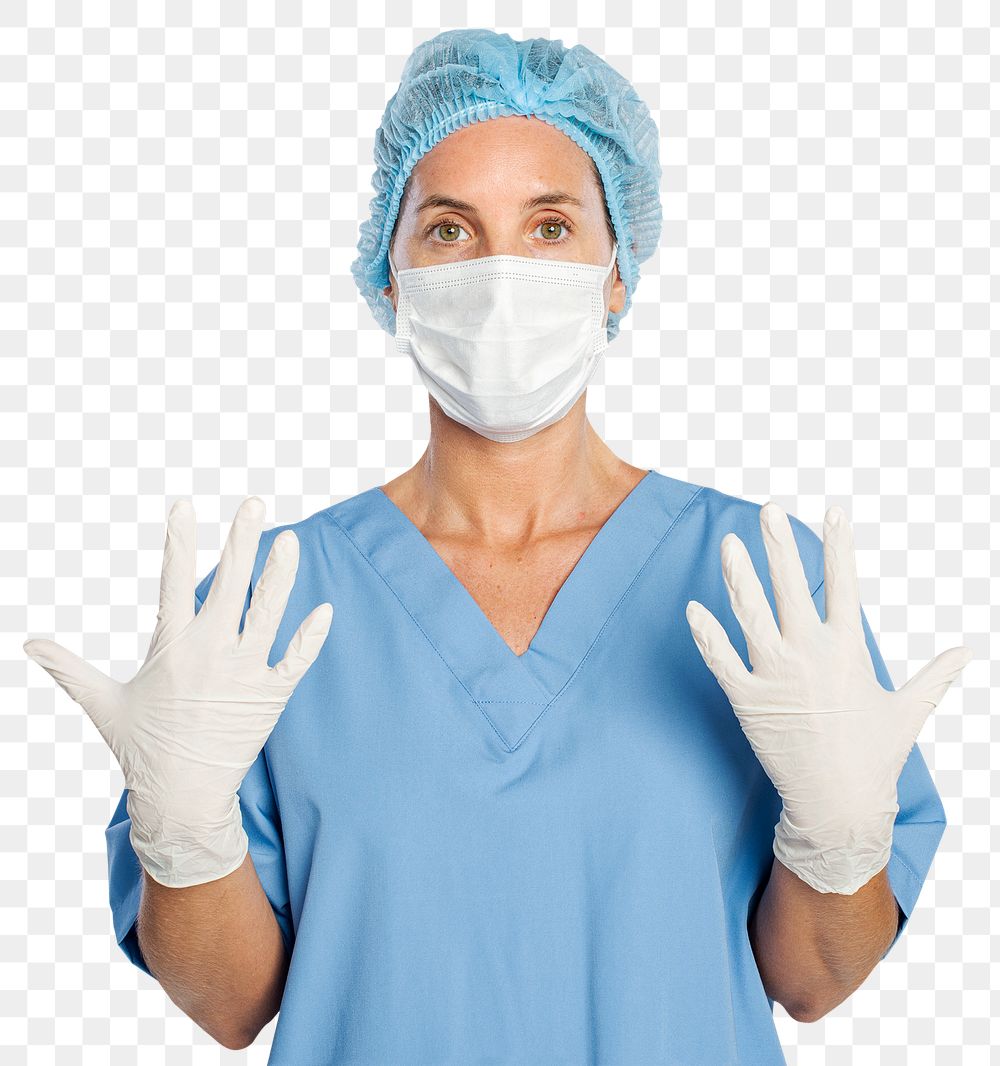 Female surgeon png mockup wearing medical gloves