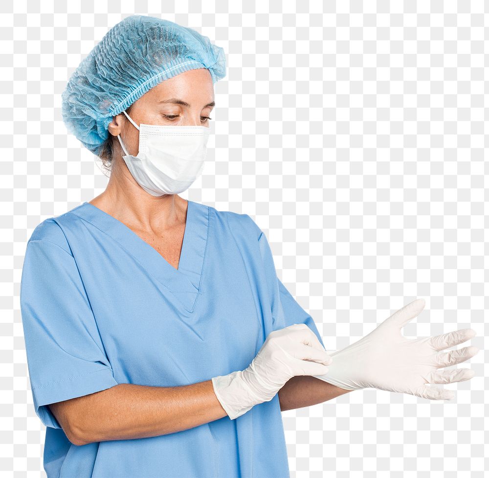 Female surgeon png mockup wearing medical gloves