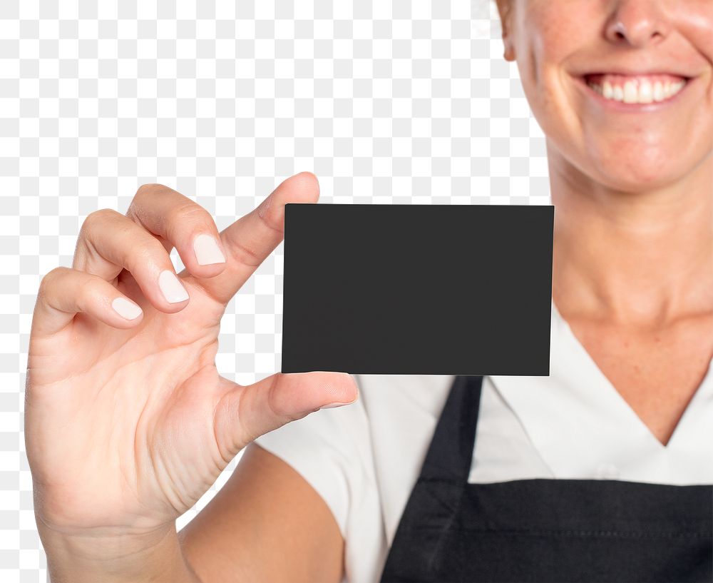 Business card png mockup presented by a woman