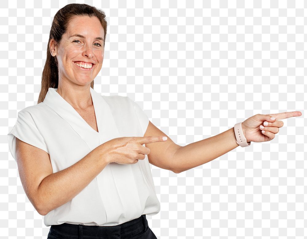 Female presenter png mockup pointing finger to the right hand side