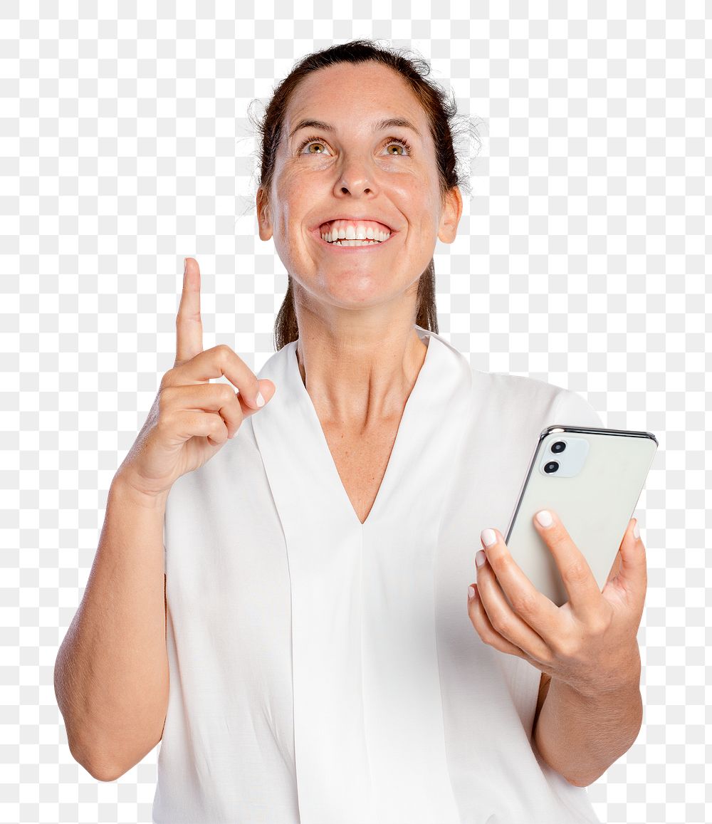 Happy woman png mockup using a smartphone