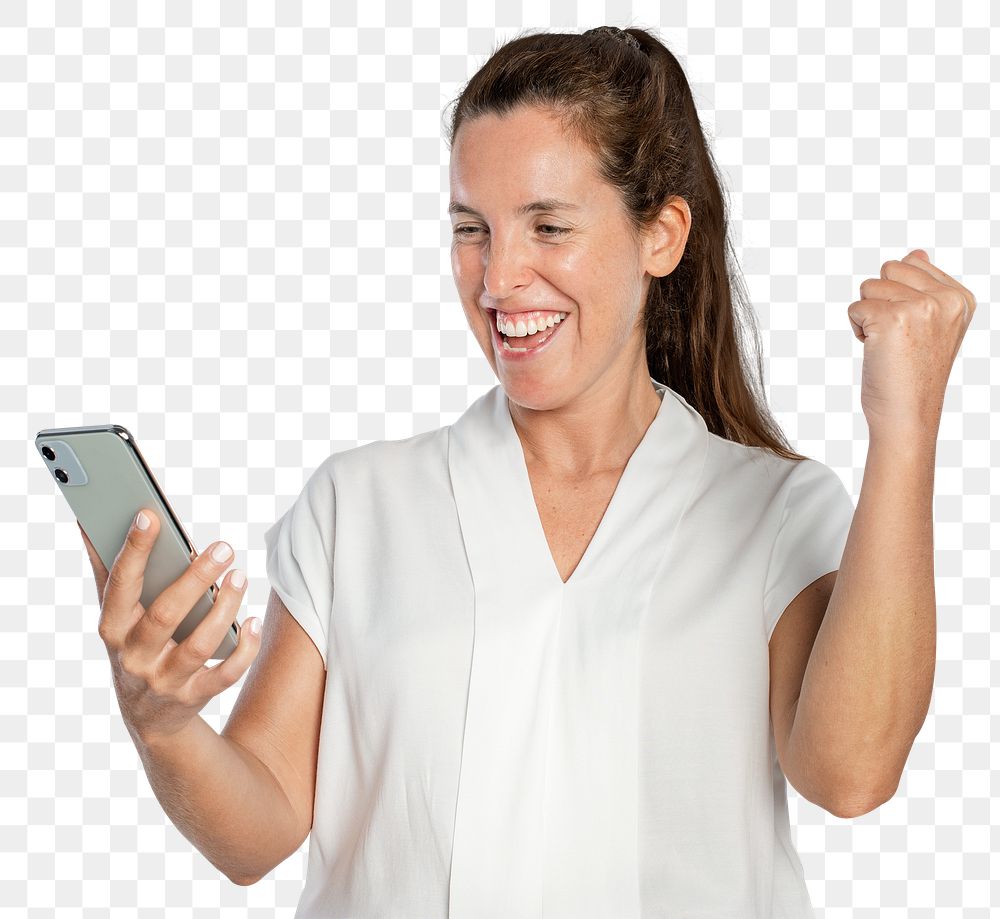 Happy woman png mockup using a dating app on her phone