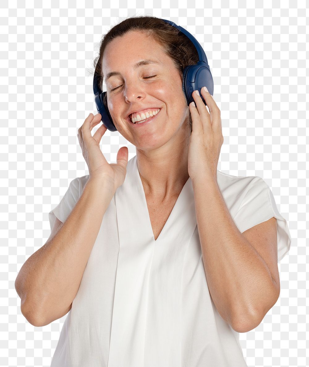 Woman png mockup listening to music from headphones