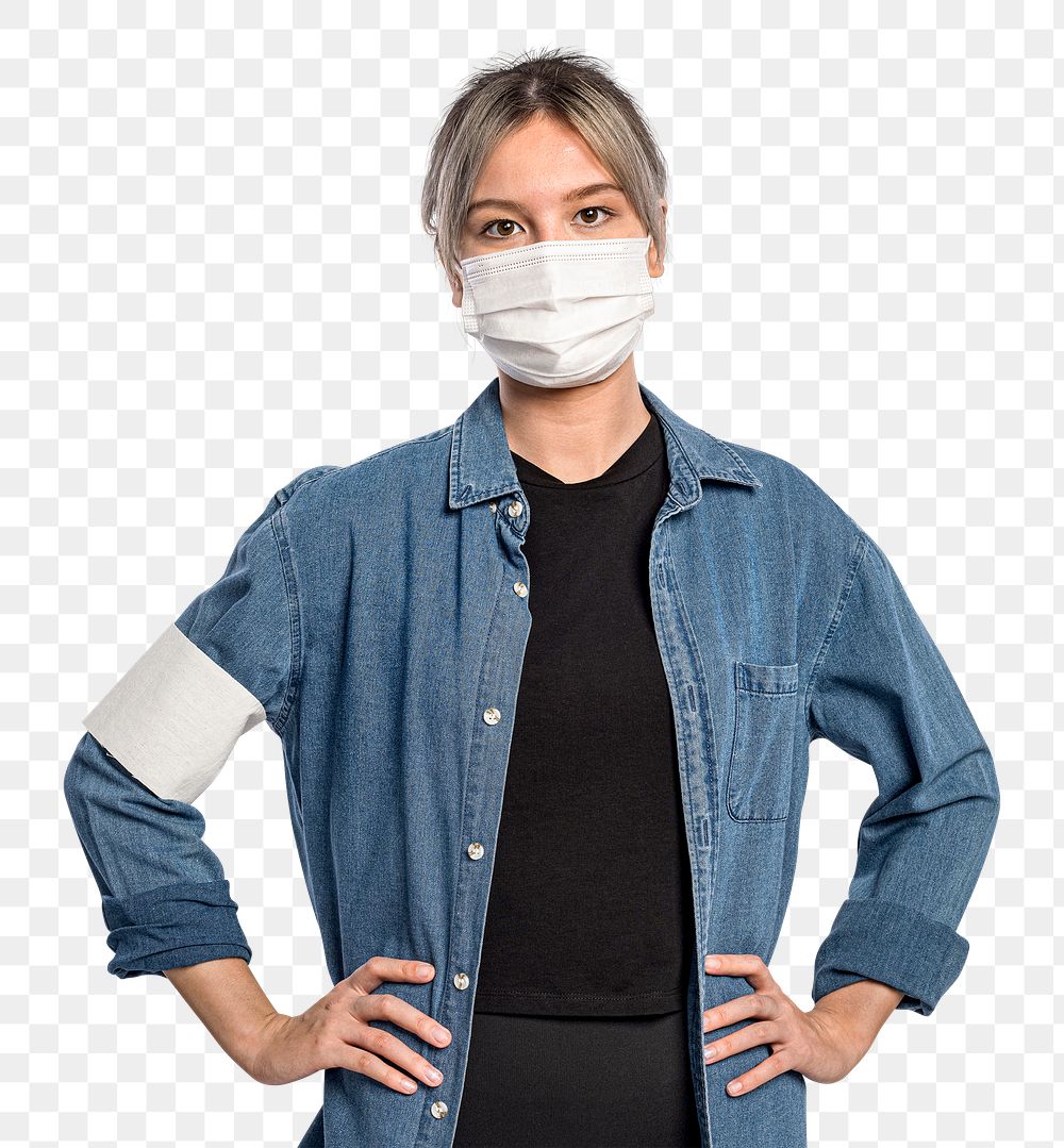 Female volunteer png mockup wearing a face mask and armband