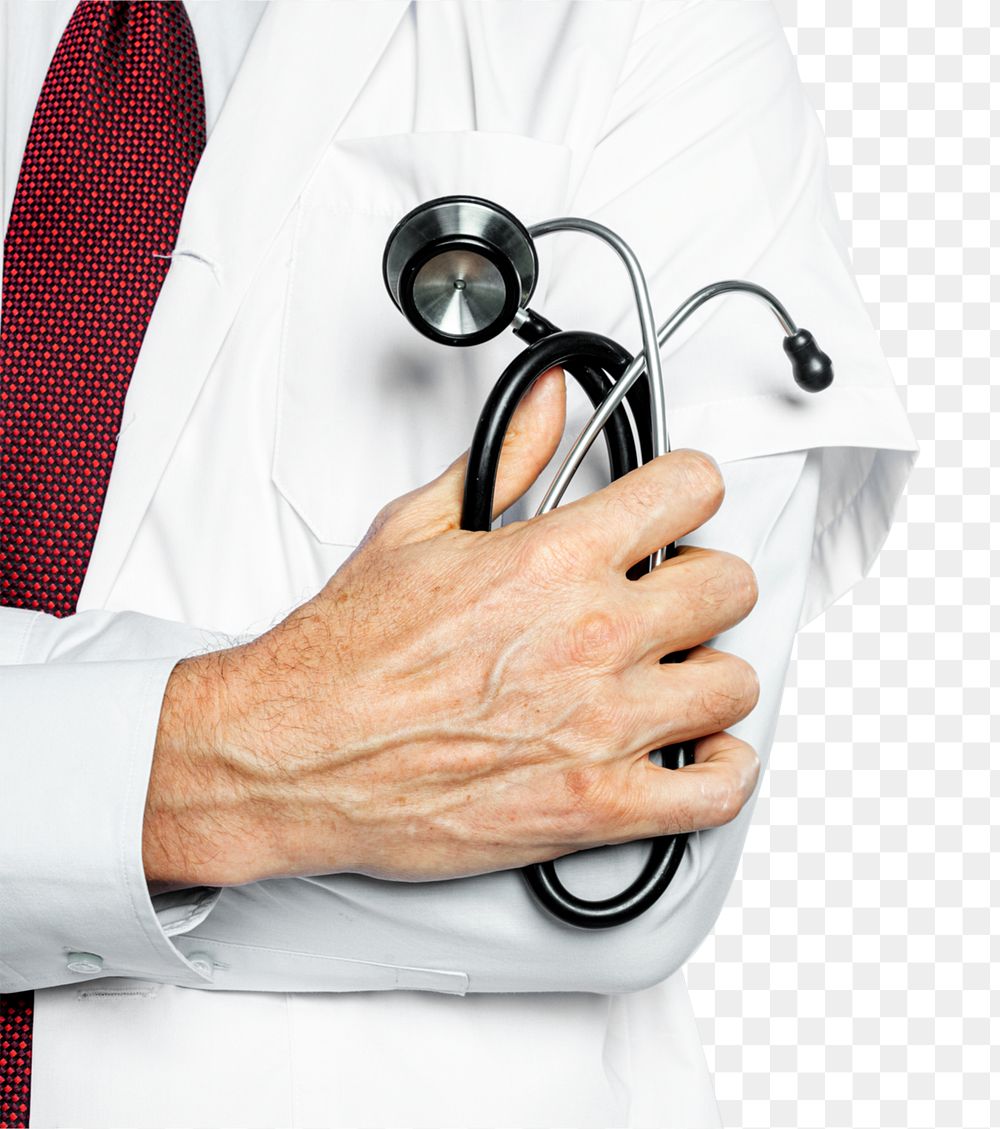 Doctor&rsquo;s hand png mockup holding a stethoscope closeup