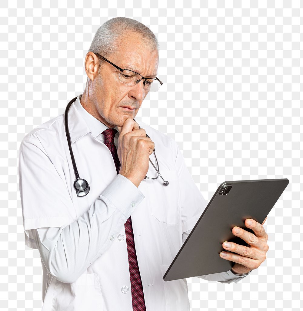 Male doctor png mockup using a tablet