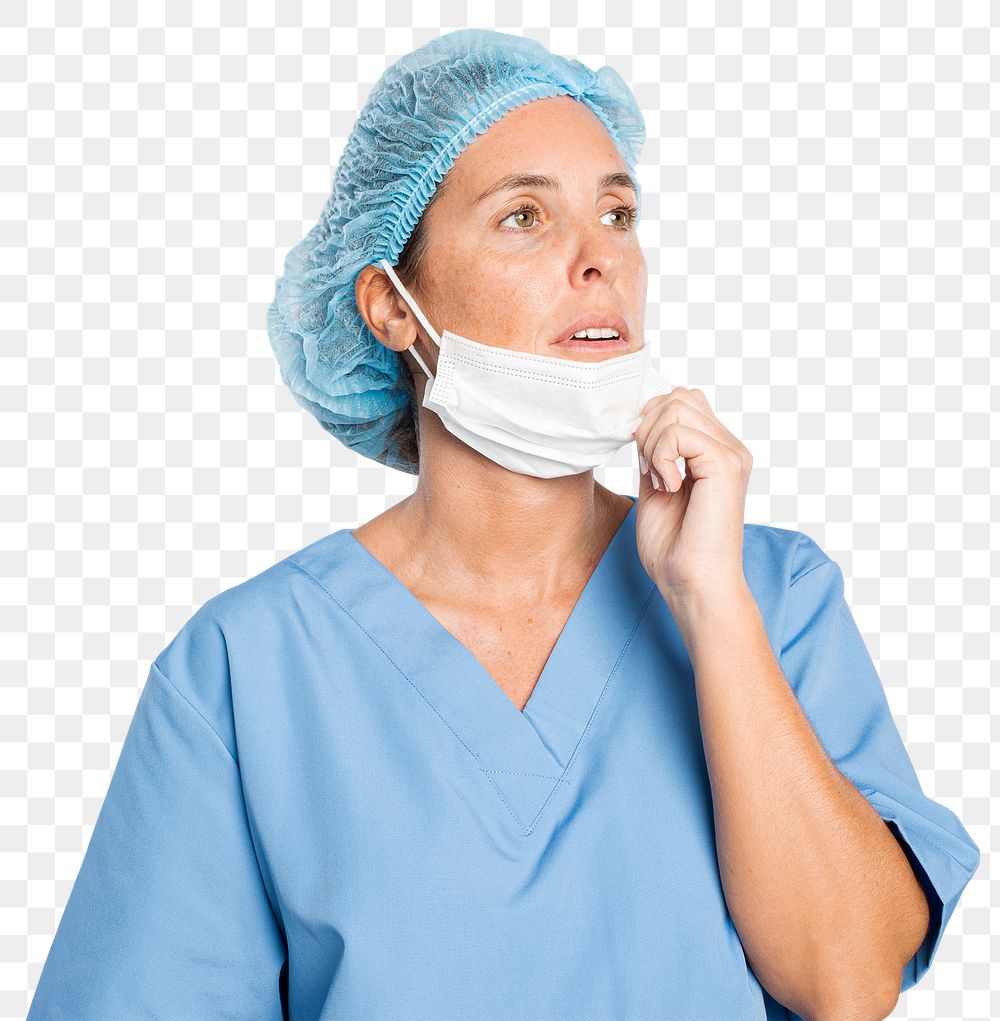 Tired female surgeon png mockup in a blue gown