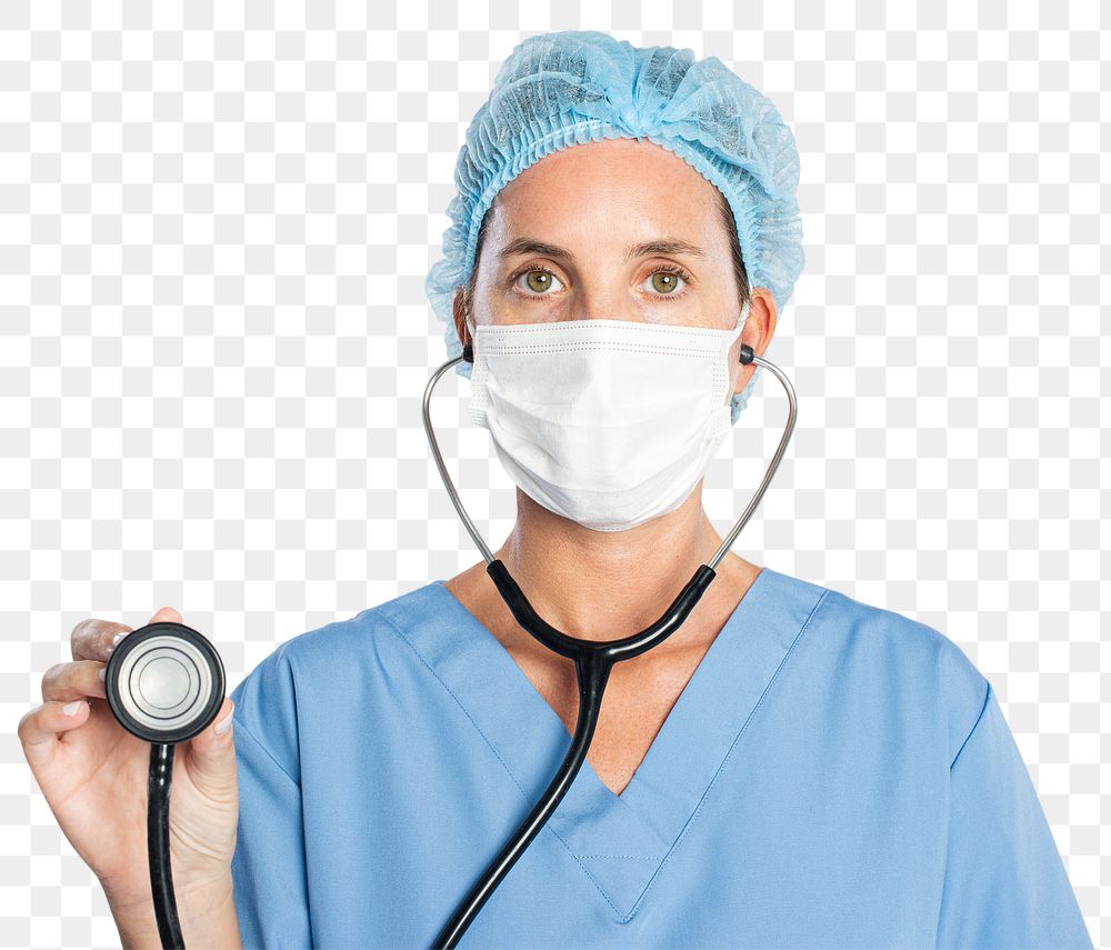 Female doctor png mockup using a stethoscope portrait