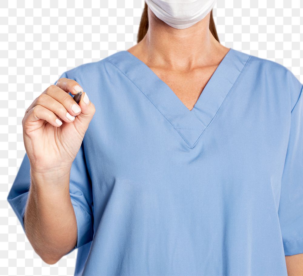 Female doctor png mockup writing on an invisible screen